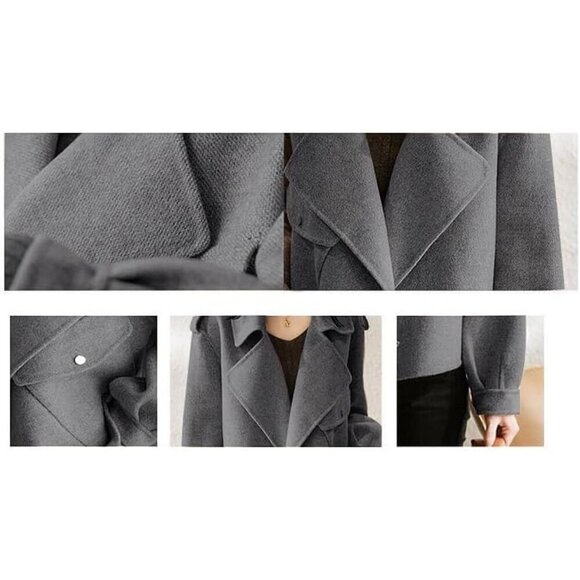 Women Dark Grey Wool Coats Notched Lapel Pea Coat Open Front Trench Overcoat - Picture 5 of 6